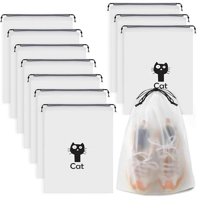 travel shoe bags pack of 10 | drawstring waterproof shoe storage bags | non-woven, dustproof, reusable footwear organizer with cat print
