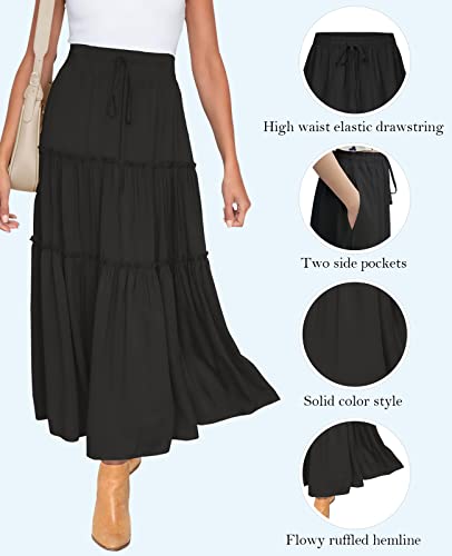 Myone Women Boho Elastic High Waist Skirt With Pockets A Line Layer Drawstring Ruffle Swing Flowy Ruched Tiered Maxi Skirt (Black, M) #TOP3