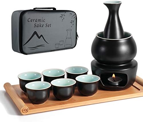 Dltsli Ceramic Sake Set with Warmer Pot Bamboo Tray, Stovetop Porcelain Pottery Hot Saki Drink Bottle, 10pcs Set 1 Stove 1 Warming Bowl 1 Sake Bottle 1 Tray 6 Cup Keep Sake Storage Gift Box (Black)