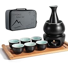 Ceramic Sake Set with Warmer Pot Tray, Stovetop Porcelain Pottery Hot Saki Drink Bottle, 10pcs Set 1 Stove 1 Warming Bowl 1 Sake Bottle 1 Tray 6 Cup Keep Sake Storage Box Black