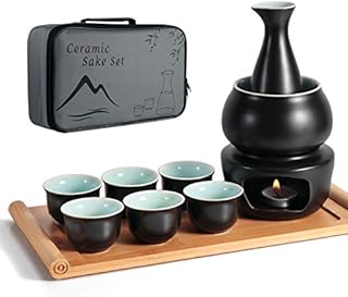 Dltsli Ceramic Sake Set with Warmer Pot Bamboo Tray, Stovetop Porcelain Pottery Hot Saki Drink Bottle, 10pcs Set 1 Stove 1 Warming Bowl 1 Sake Bottle 1 Tray 6 Cup Keep Sake Storage Gift Box (Black)