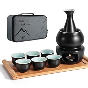 LOUTYTUO Keramische zake set + warme pot bamboe dienblad, fornuis Safe keramiek Hot Saki Drink, 10 stuks inclusief fornuis warmteschaal sake flessen dienblad 6 kopjes + opbergbox