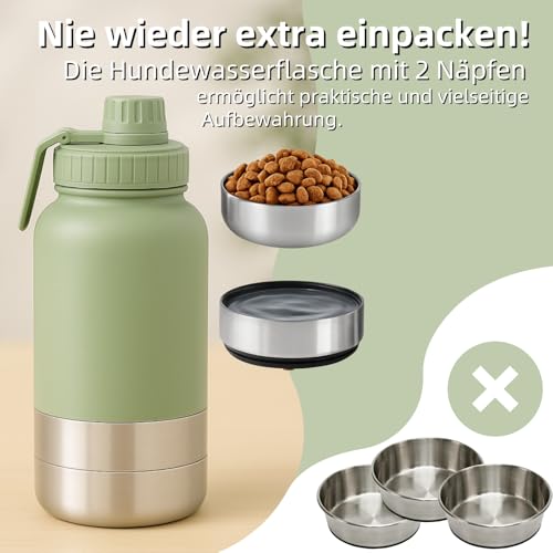 3-in-1 Hundetrinkflasche für unterwegs 1000ml Edelstahl – Hundewasserflasche to Go mit Napf & Futterfach, auslaufsichere Hunde Trinkflasche, Hundezubehör für Spaziergang, Reisen & Outdoor (32oz)