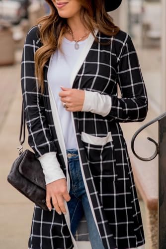 Women's Black Plaid Colorblock Edge Open Cardigan with Pockets2