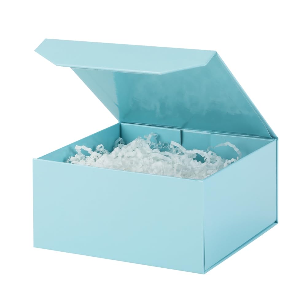 PACKGILO 1 Pcs Blue Gift Box 8x8x4 Inch Magnetic Gift Box Small Magnetic Box with Crinkle Paper Blue Small Gift Box with Shredded Paper Luxury Gift