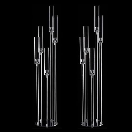 Fullvaseer 2pcs 5 Arm Floor Candelabra,Acrylic Floor Candle Holder for Wedding Centerpiece Tall Clear Candle Holders for Ceremony Birthday Party Home Decoration Fit 0.8 LED Candles