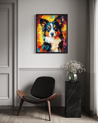 Image of Border Collie Colorful Abstract Black Framed Wall Art Print Poster, Dog Pet Lover Picture Painting Artwork Bedroom Living Room Office Dining Room 150D (Border Collie Colorful Abstract, 10 inchL x 8 inchW, Black Frame)