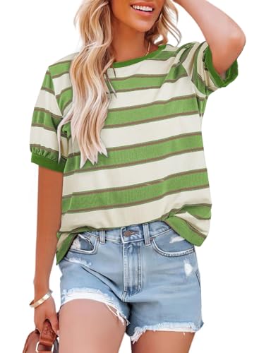 Dokotoo Womens Tops Tees & Blouses Womens Summer Tops 2026 Short Sleeve Tshirts Shirts for Women Boho Striped Color Block Casual Loose Cotton T-Shirts Crew Neck Cute Ladies Blouse Green Small