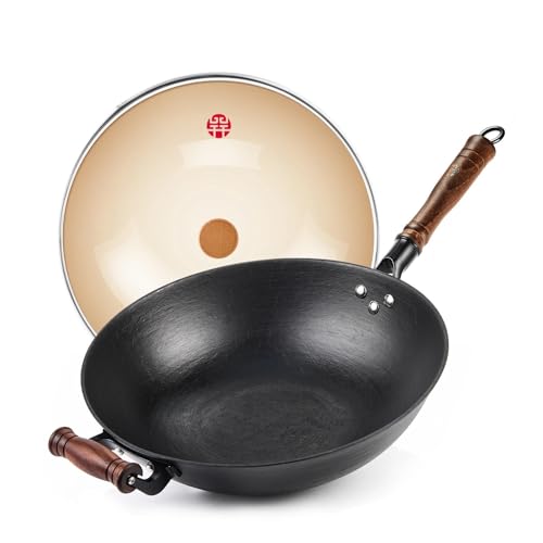WANGYUANJI 12.6" Cast Iron Wok with Glass Lid, Flat Bottom