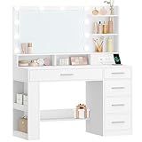 HILINSIE Vanity Desk with Large HD Mirror, Makeup Vanity with Led Lights, Dressing Table with Power Strip, 6 Storage Shelves, 5 Drawers and Side Open Storage, Simple, White WX426HDT