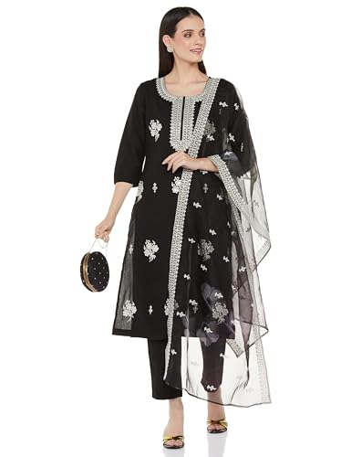 Image of Amazon Brand - Myx Women Embroidered Kurta Pant Set with Organza Dupatta | Viscose,Rayon (Available in Plus Sizes)