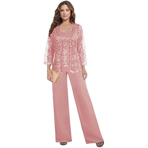 HANVAIOS 3 Pieces Mother of The Bride Dresses Pant Suits for Wedding Guest Dusty Rose Lace Chiffon Formal Gown with Jacket Size 6 Cover