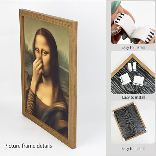 Wood Framed Funny Mona Lisa Canvas Wall Art Bathroom Mona Lisa Classical Wall Decor Pinching Nose Painting Celebrity Classical Vintage Whimsical Posters Pictures Humor Amusing Toilet Prints by BFDTCFKW - Used condition - Image 3