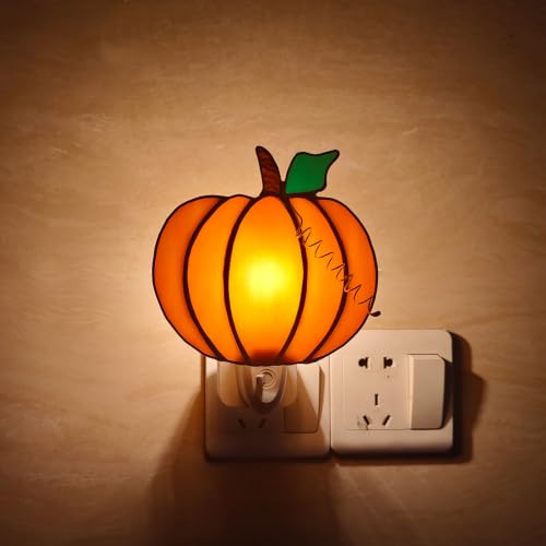 Image of CHEZBABY Stained Glass Night Light Plug into Wall Lamp Decorative Accent Nightlight for Hallway Bedroom Bathroom Kitchen Nature Themed Home Decor for Autumn Thanksgiving Halloween(Pumpkin)