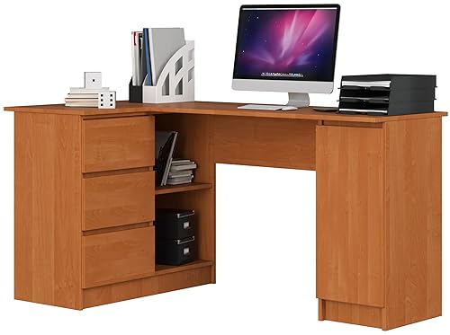 AKORD Eck-Schreibtisch B-20 mit 3 Schubladen, 2 Ablagen und einem Regalfach mit Tür | Schreibtisch | Eck Schreibtisch für Home Office | B155 x H77 x T85, 60 kg | Erle
