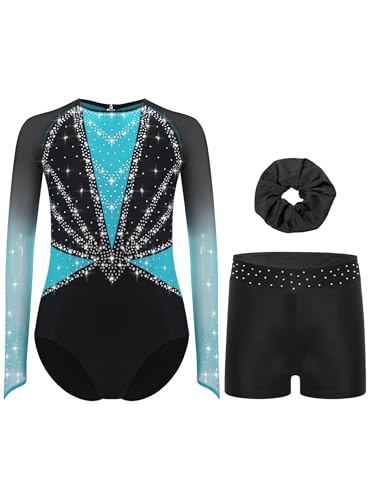Yruioon 3Pcs Mädchen Turnanzug Glitzer Gymnastikanzug Langarm Gymnastik Leotard mit kurze Hose Haarband Wettbewerb Tanzkostüm Hellblau 134-140
