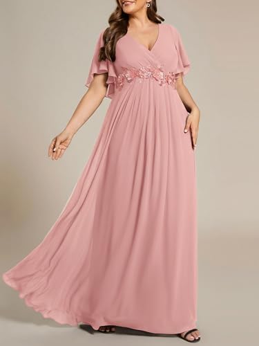 Image of Ever-Pretty Short Sleeves V Neck Plus Size Formal Dresses for Curvy Women Chiffon Mother of The Bride Dress Evening Gowns