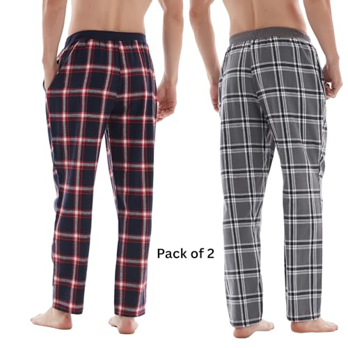 SaneShoppe Men's 100% Cotton Pyjama Bottoms (2 or 4 Pack) - Relaxed Fit Checkered Pattern Lounge Pants/Sleepwear with Pockets & Drawstrings.