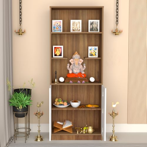 Image of OM Mandir, Temple Pooja Unit for Home with Storage Cabinet, Floor Standing Puja Room Altar,‎ Organize Spiritual Essentials & Offerings for Temple Living Room - Leon Teak 175 x 78 x 30 Cm