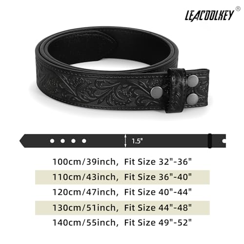 LEACOOLKEY Western Pasek dla Mężczyzn bez Klamry 3,8 cm Szerokości Kwiatowy Grawerowany Tłoczony Skórzany, A-Czarny, (130CM) Passform Größe 111cm-122cm