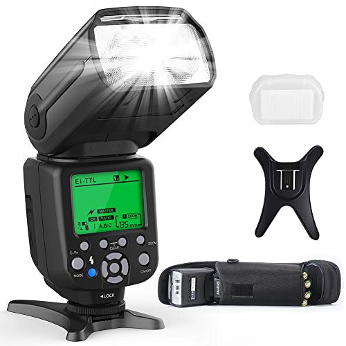RALENO Flash Speedlite para cámaras Canon Nikon DLSR, E-TTL y i-TTL Dual Mode 1/8000 HSS Flash Speedlight con Pantalla LCD estándar Hot Shoe Professional Flash Kit