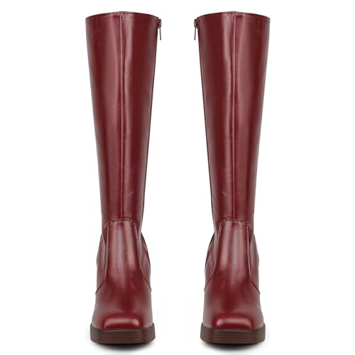 Image of SOVANYOU Black Leather Boots Platform Boots for Women Fashion Square Toe Chunky Block Heeled Boots Side Zip