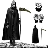 Photo Gallery ririess costume da uomo per halloween, 4 pezzi, con mantello con cappuccio, maschera a teschio, falce e guanti, unisex, per adulti e ragazzi (m)