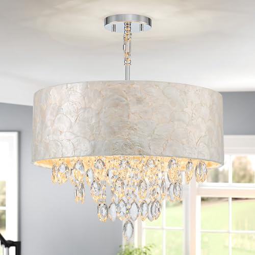 Pine Flicker 4-Light Drum Capiz Shell K9 Crystal Chandelier, Coastal Style Pendant Light Fixture for Dining Room, Living Room, D17.7 x H21~68 inch (Adjustable), Clear Crystal & Chrome Finish by Pine Flicker - Image 2