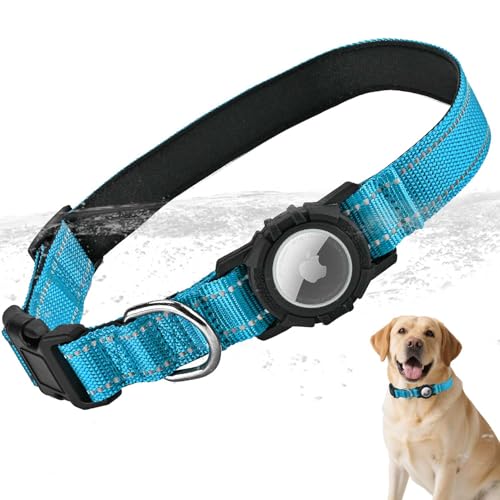 LZXLXS Airtag Dog Collar with Waterproof Air Tag Holder Integrated Reflective Pet Collar with Soft Padding Adjustable Nylon Collar for Small Medium Large Dogs Blue M (14.5-19.7)