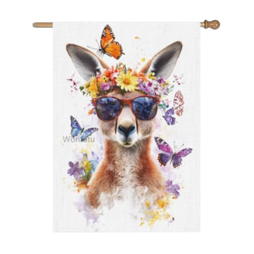 Wordatu Welcome Kangaroo Flowers and butterflies Decorative Garden Flag, Home Yard Outdoor Decor, Spring Summer Seasonal Small Outside Decoration Double Sided 28x40 Inches (5322)