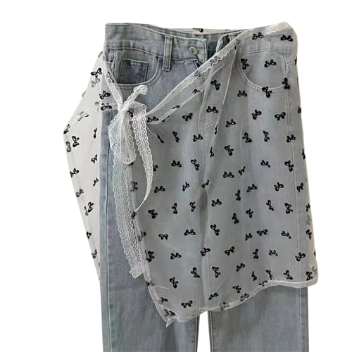 Women Aesthetic See Through Lace Apron Skirt Vintage Tie Up Bowknot Pattern White Sheer Covering Overskirt Streetwear