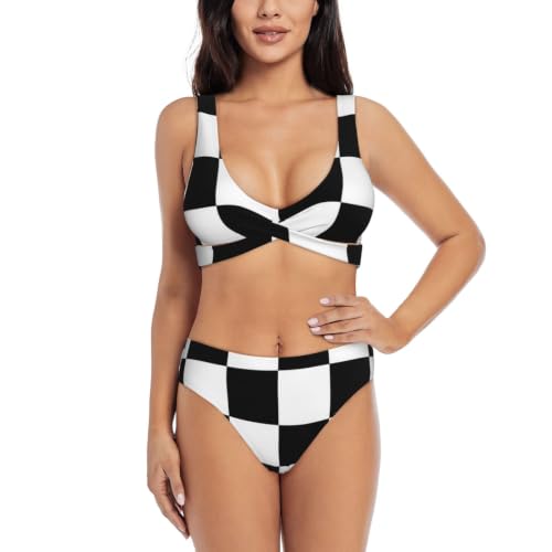 Maillot de bain deux pièces push-up femme triangle réglable carreaux noirs blancs