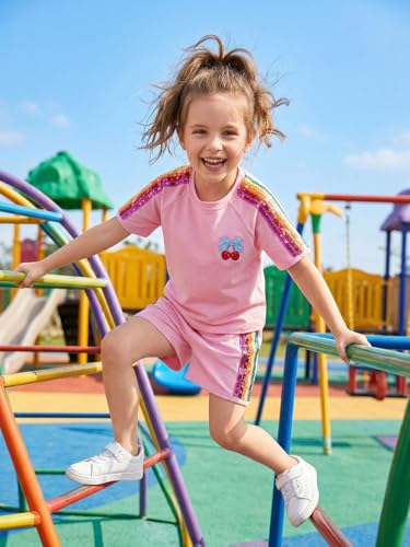 Image of WELAKEN Girls 2 Piece Outfit Kid Toddler Heart & Rainbow Sequin Striped T-shirt and Shorts Clothing Set