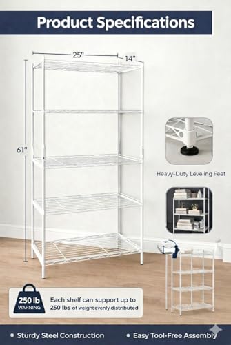 Image of IRON LANDS 5 Tier Shelf Heavy Duty Multipurpose Storage Stand - Metal Rack Kitchen Organizer | Bathroom Countertop, Microwave Oven Stand for Modular Kitchen, Living Room, Bedroom & Office (White)