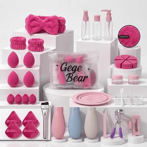 Image of Gege Bear 38-Piece Complete Beauty & Skincare Kit for Women | Spa Headband + Wrist Bands, 18 Sponges & Puffs, 8 Travel Bottles, Collapsible Brush Cleaning Tub, Eyelash Curler, Tweezers, Foundation Brush | All-in-One Makeup Starter & Travel Kit | (Hot Pink, 38 PCS)