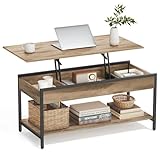 VASAGLE Mesa de Centro Elevable, Mesa de Salón con Almacenamiento Abierto y Compartimentos Ocultos, 50 x 100 cm, Marrón Camello y Negro Tinta LCT261LB02