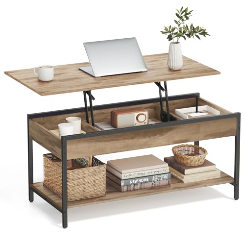 VASAGLE Table Basse Relevable, Table de Salon, avec Rangement Ouvert et Compartiments Cachés, 50 x 100 cm, Marron Camel et Noir d’Encre LCT261LB02