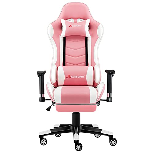JL Comfurni Gaming Stuhl Racing Stuhl mit Fußstütze Ergonomische Liege PC Computer Stuhl Hochlehner PU Drehstuhl Bürostuhl Schreibtischstuhl mit Verstellbarer Kopfstütze und Lendenwirbelstütze Pink Cover