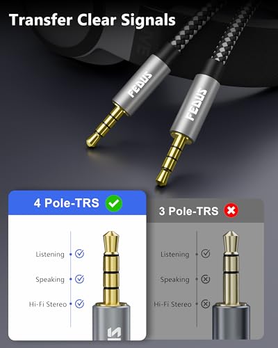 Image of FEDUS PURETONE 3.5mm Male to Male Aux Cable Cord with Mic Microphone Support (4-Pole TRRS) 10 Meter Hi-Fi Audio, Nylon Braided, 24K Gold Plated for Phone, Car, Laptop, PC, Headphones,Speaker, Earphone