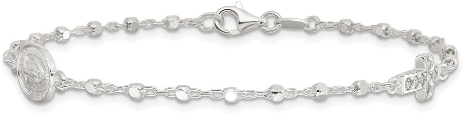 925 Sterling Silver Polished with Cubic zirconia Cross and Miraculous Medal Cable Chain Bracelet 7.5"