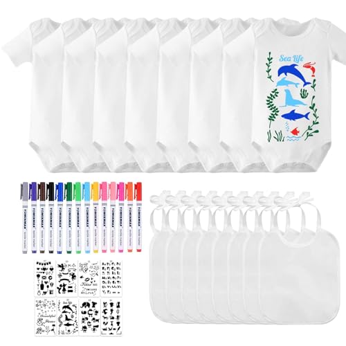 LOEPENLE 16er Set Baby Lätzchen zum Bemalen,Bemalen Kurzarm Baby Body,Bemalen Babyparty,8 Lätzchen+Baby mit 8 Kurzarmbody+14 Bunte Textilstift+8 Schablonen für Spiele Babyshower Strampler