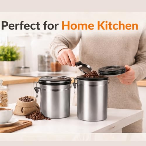 Image of Container for Ground Coffee, Coffee Beans - Coffee Canister 1800 ml with Built in Valve Stainless Steel Airtight with Scoop, Storage for Beans, Grounds, Tea, Sugar (Set of 1)