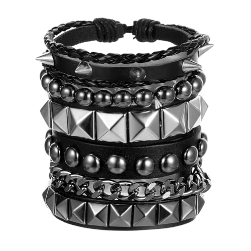 4 Pcs Punk Rock Leather Studded Bracelets for Men Women Spike Bracelets Cuff Bracelet Adjustable Emo Punk Rock Leather Goth Accessories 80s Wristband Bracelet for Rocker Outfits2