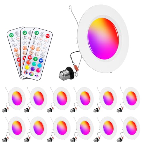 Image of Recessed Lighting 5 /6 Inch Color Changing LED Can Lights for Ceiling, 13W 1050LM Retrofit Recessed Lights with Baffle Trim, RGBCW Downlight Dimmable by Remote Control, Memory, Delayed Off, 12 Pack