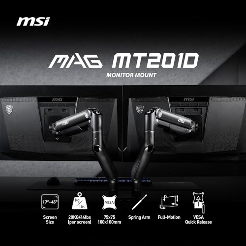 Image of MSI MAG MT201D - Premium Heavy Duty Dual Monitor Stand Arms, 17-45 inch Support, VESA Compatible, Adjustable Spring Mount, 44 lbs per Screen, Clamp & Grommet, Quick Release Plate - Black