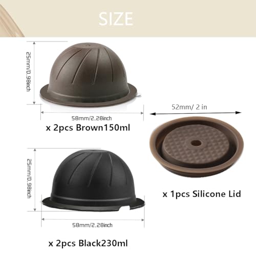 LUKELI 5Pcs Vertuo Reusable Capsule Vertuo Pods Refillable Coffee Capsules VertuoLine for Nespresso Vertuo with 1 Pcs Reusable Silicone Lids (Black 230ML+Brown 150ML+1pcs Silicone Lid) - Image 2
