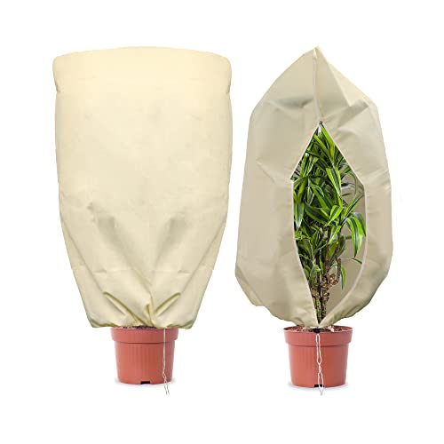 Preisvergleich Produktbild 2Stück 80X100CM Winterschutz für Pflanzen-Frostschutztasche , 80g / m²Pflanzenvlies / Winterschutzvlies reißfest, mit Reißverschluss-Kordelzug,schützt Kübelpflanzen vor Vögeln,Frost,starkem Regen-beige