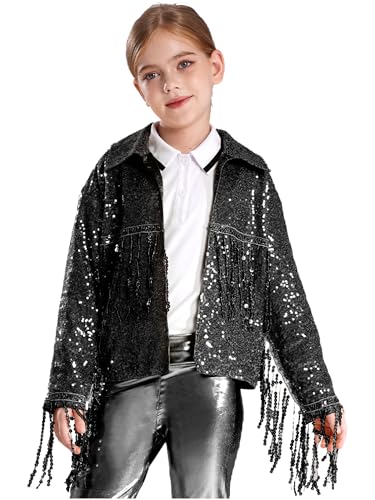 Aislor Kids Girls Sequins Long Sleeve Fringed Open Front Jacket Coat Cardigan Performance Tops Disco Dance Outwear