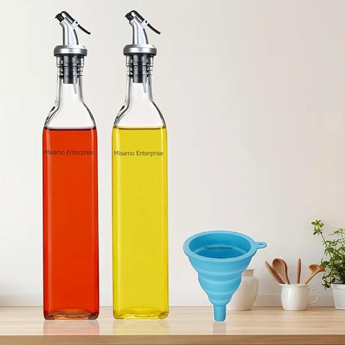 Misamo Enterprise 500 ml Glass Oil Dispenser Bottle (Pack of 2 Oil Bottle + Funnel), Transparent