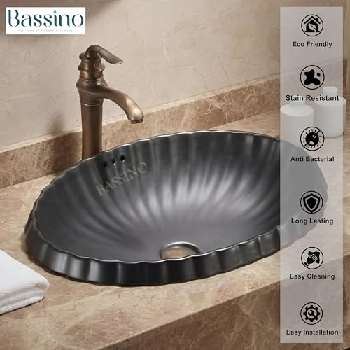 Image of BASSINO 24x17x7 Inches Ceramic Counter Top Wash Basin /Matt Black Basin for Bathroom /Modern Design /Oval Shape Tabletop Washbasin for Restaurant /Dining Hall /Living Room /Home(Matt)